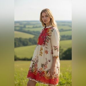 NEW Le Raganne Italy 100% Linen Boho Fairy Dress Floral Print Womens Fairy Sz M